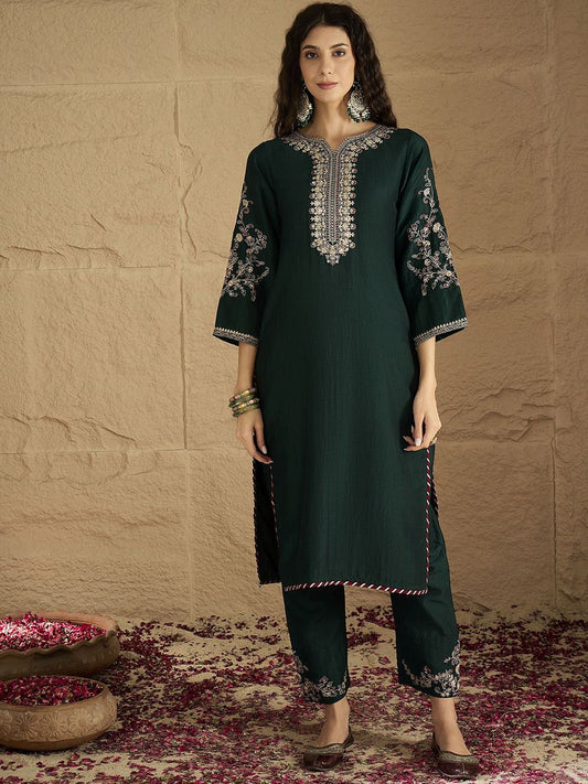 Dhiyona VA Women'sFloral Yoke Design Straight Kurta With Trousers & Dupatta