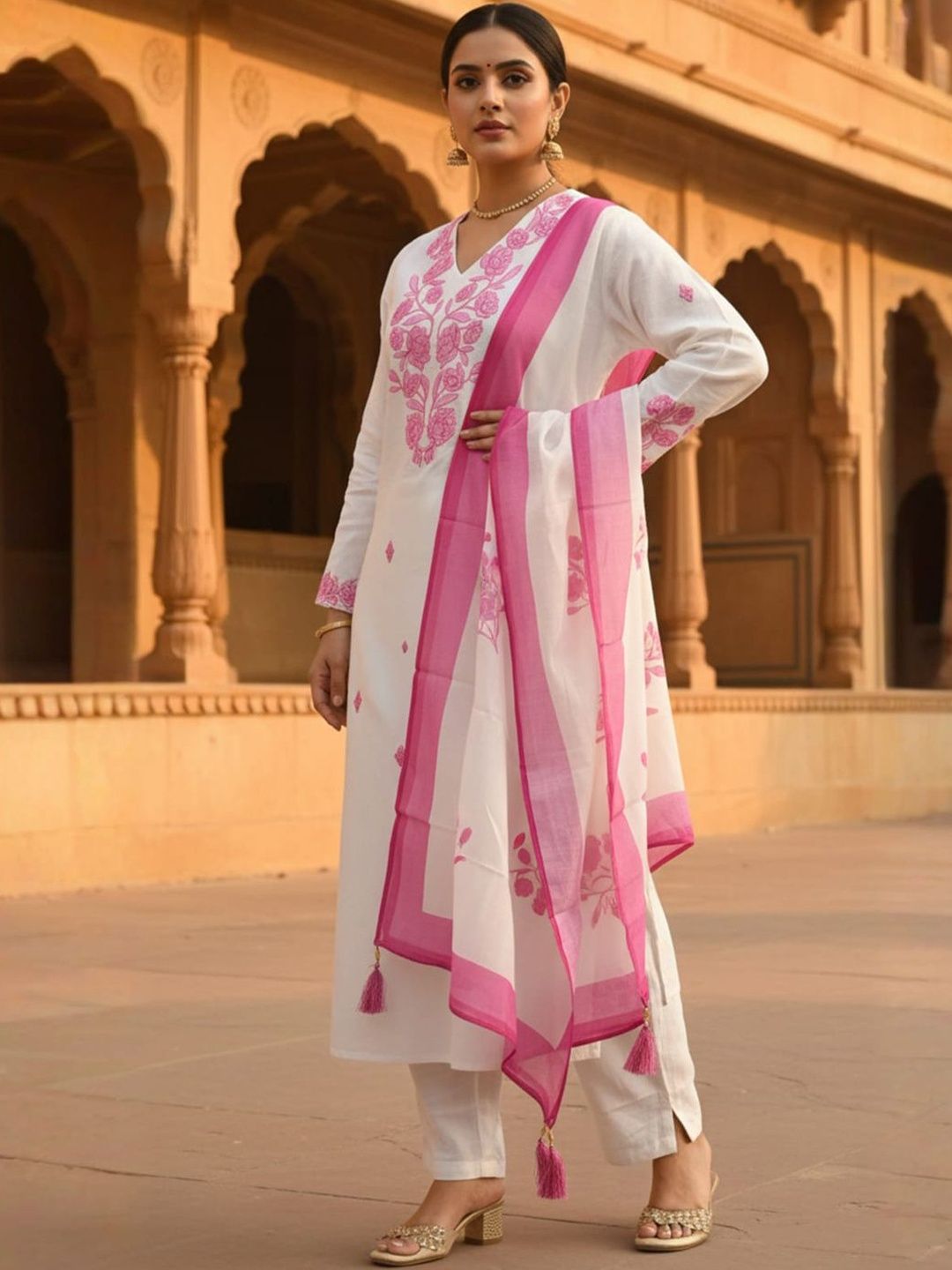 Women Floral Embroidered Thread Work Kurta with Trousers & Dupatta