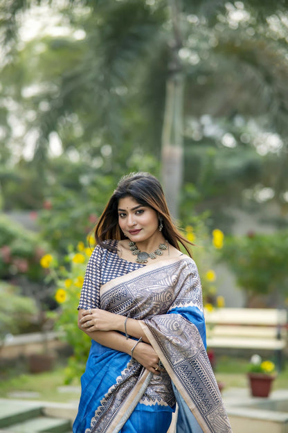 Women Yogita Madhubani 3 Blue Saree With Unstiched Blouse