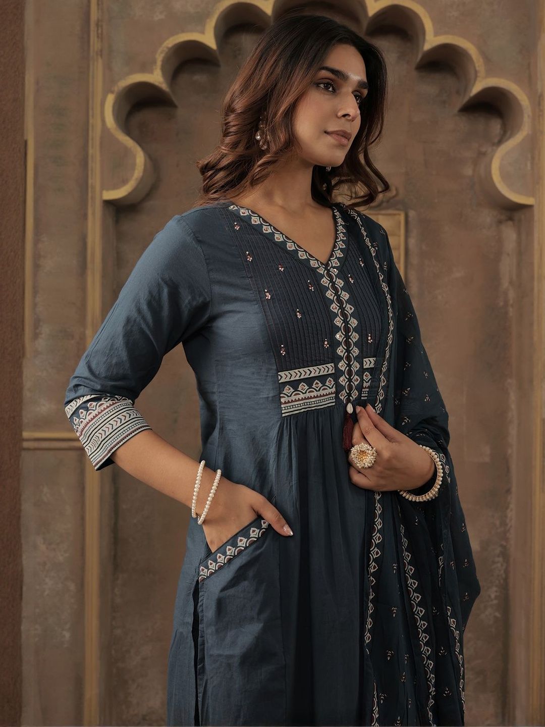 Women Ethnic Motifs Embroidered Cotton A-Line Kurta with Trousers & Dupatta