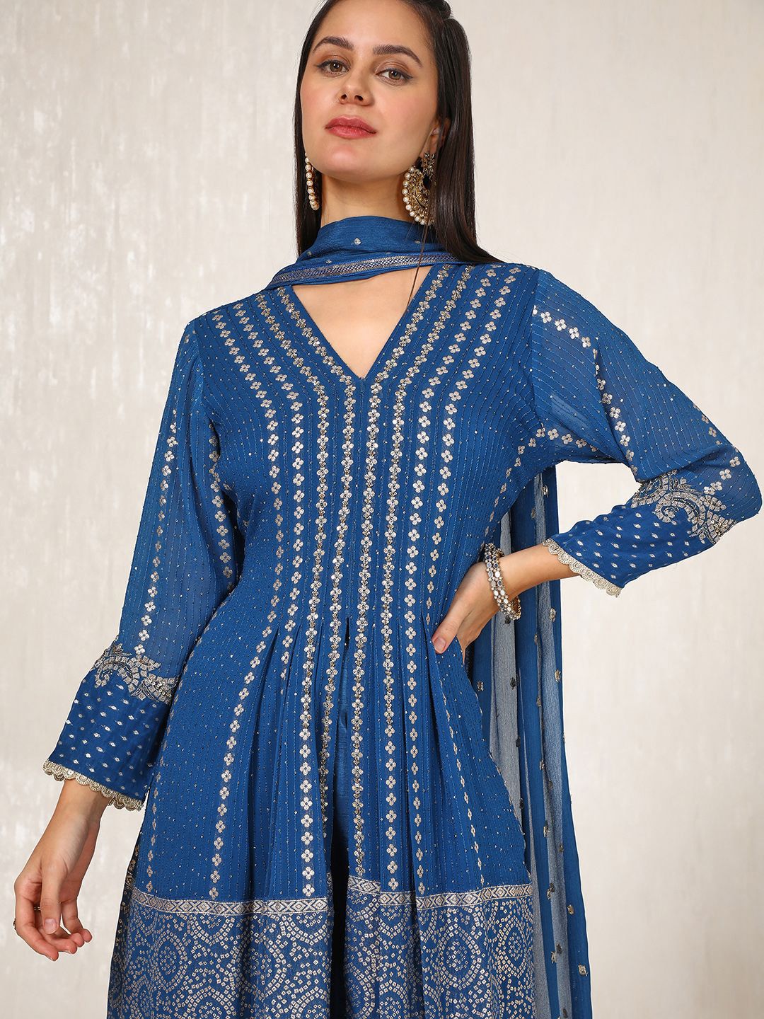 Dhiyona SO Women's Ethnic Motifs Embroidered Pleated Sequinned Anarkali Kurta with Trousers & Dupatta