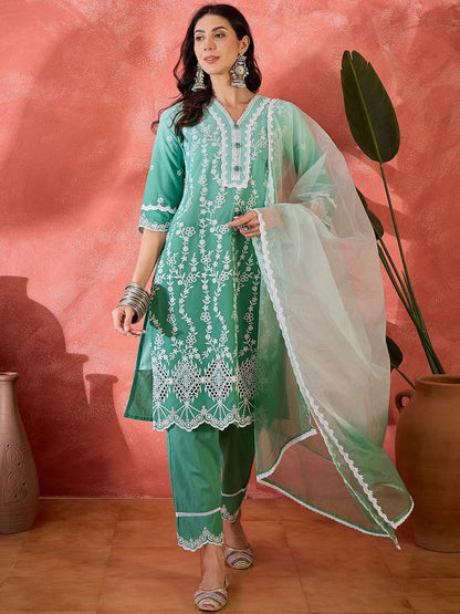 Dhiyona SN Women's Floral Embroidered Cotton Kurta with Trousers & Dupatta
