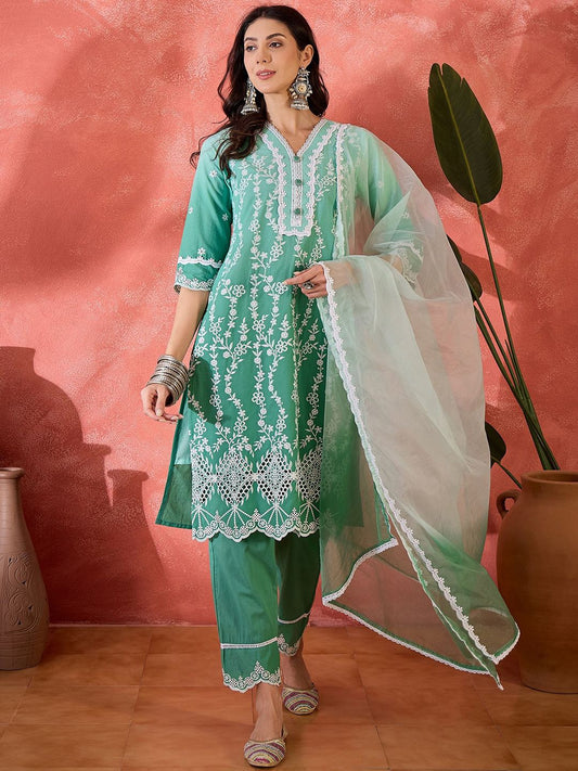 Dhiyona SN Women's Floral Embroidered Cotton Kurta with Trousers & Dupatta