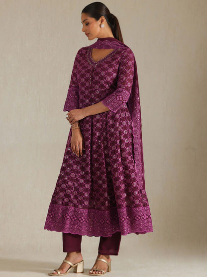 Dhiyona SO Women's Geometric Embroidered Thread Work Georgette Anarkali Kurta With Trousers And Dupatta