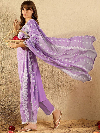 Dhiyona IE Women Ethnic Motifs Embroidered Regular Thread Work Pure Cotton Kurta with Trousers & With Dupatta