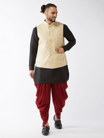 Men's Black Silk Blend Straight Jacket  Kurta and Dhoti Set