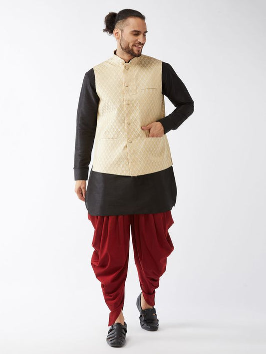 Men's Black Silk Blend Straight Jacket  Kurta and Dhoti Set