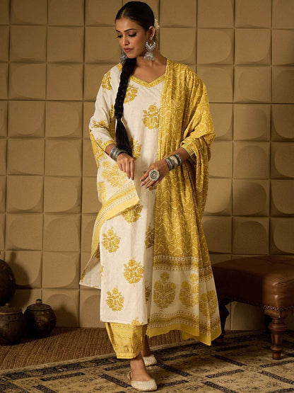 Floral Printed V-Neck Pure Cotton Straight Kurta With Salwar & Dupatta