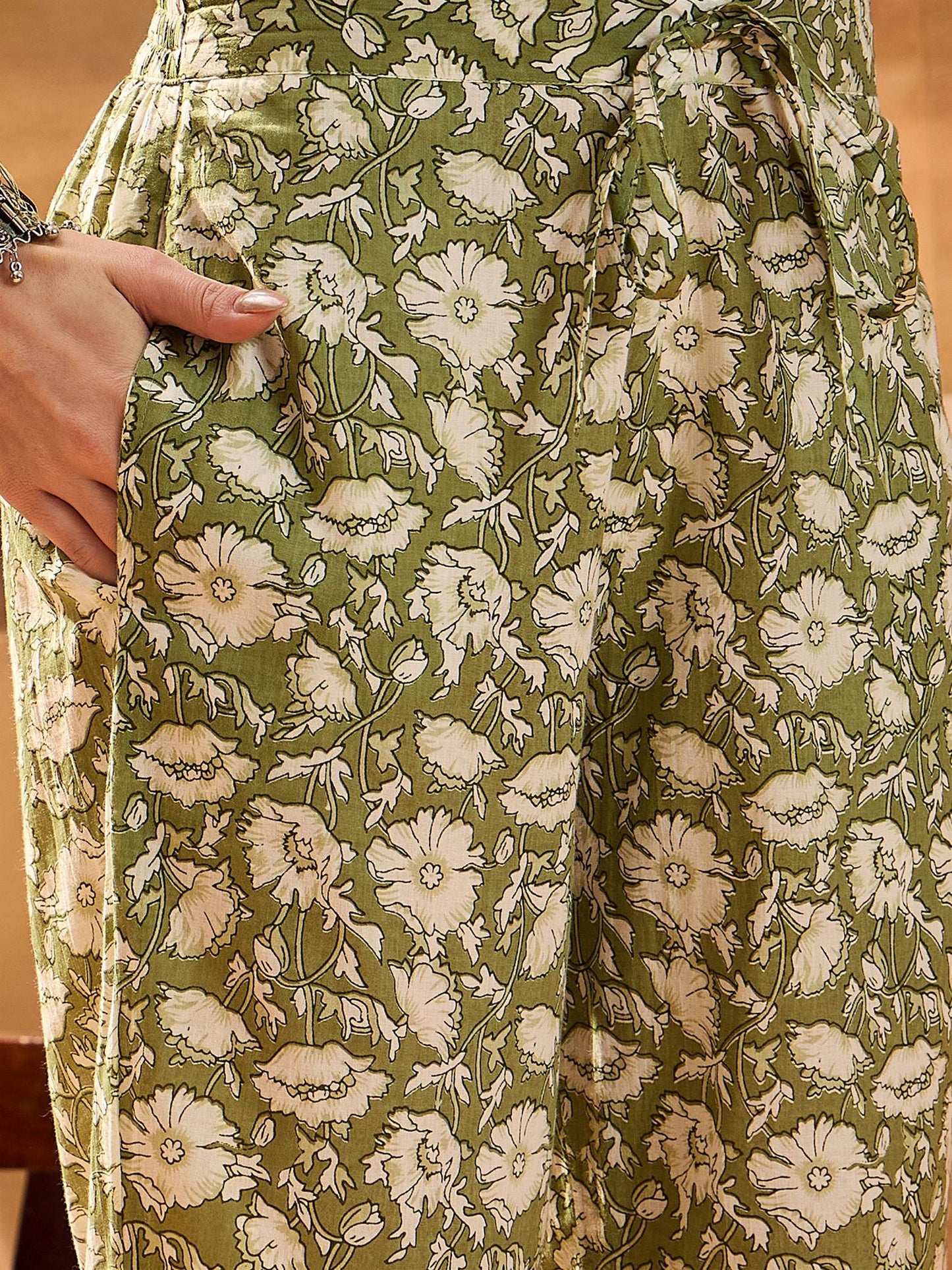 Dhiyona SN Women's Women's Pista Green Block Printed Cotton Anarkali Kurta Pant Dupatta Set