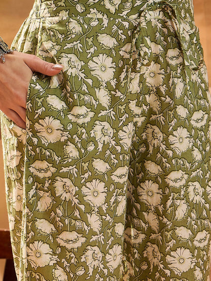 Dhiyona SN Women's Women's Pista Green Block Printed Cotton Anarkali Kurta Pant Dupatta Set