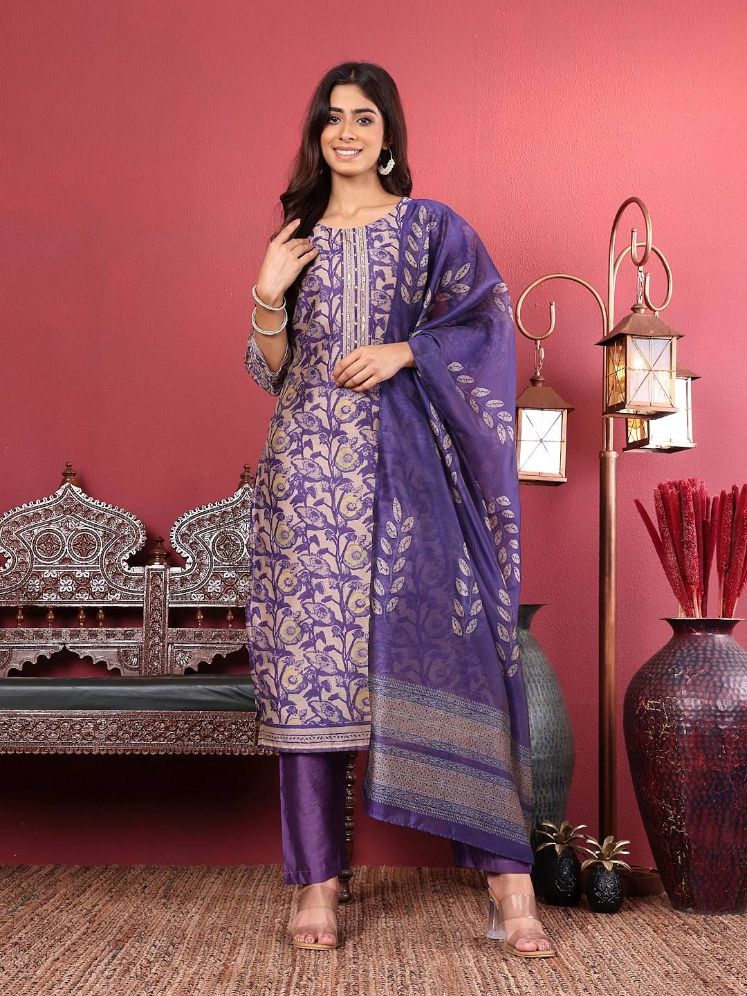 Dhiyona VA Women'sPurple Floral Printed Beads and Stones Chanderi Silk Kurta with Trousers & Dupatta