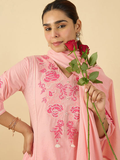 Dhiyona IE Women Floral Embroidered Panelled Thread Work Kurta with Trousers & Dupatta