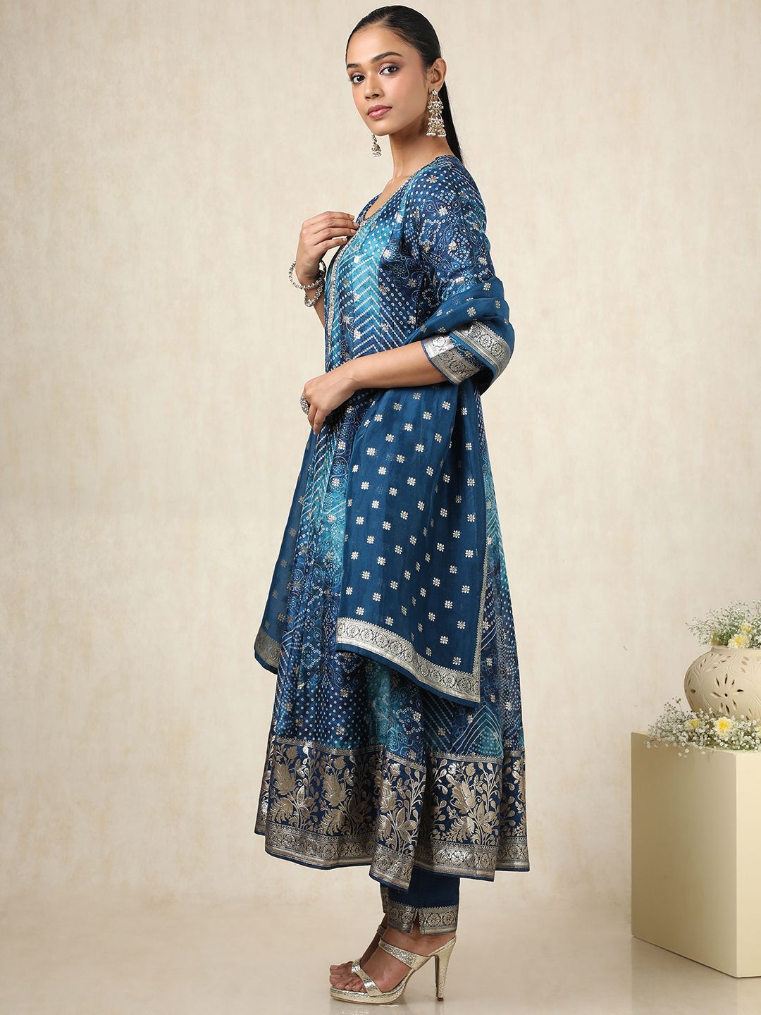 Dhiyona SO Women's Bandhani Printed Zari Work Brocade Anarkali Kurta With Trousers And Dupatta
