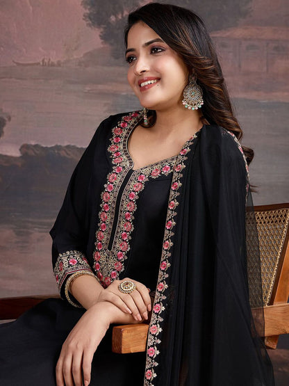 Dhiyona PD Women Floral Embroidered Thread Work Straight Kurta With Trousers & Dupatta