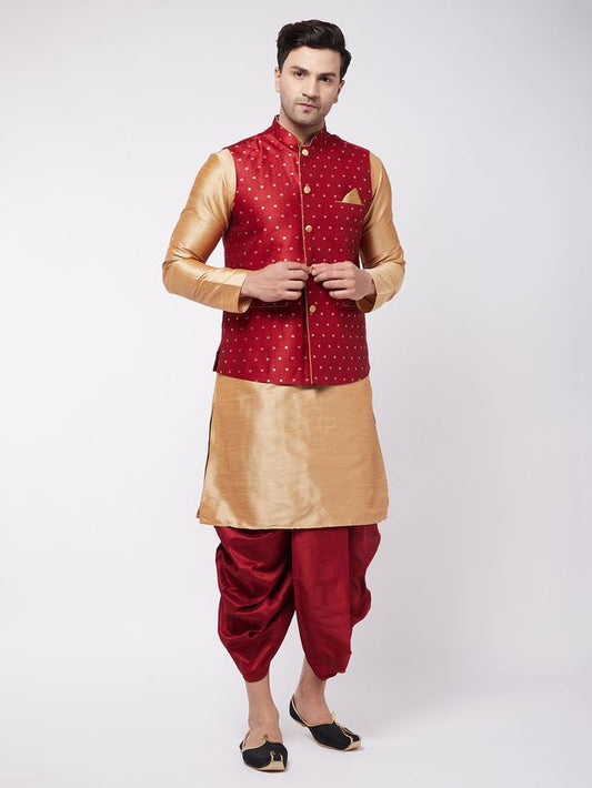 Men's Rose Gold Silk Blend Straight Jacket  Kurta and Dhoti Set
