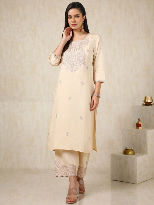 Dhiyona SO Women's Beige Paisley Embroidered Round Neck Regular Straight Kurta With Palazzo