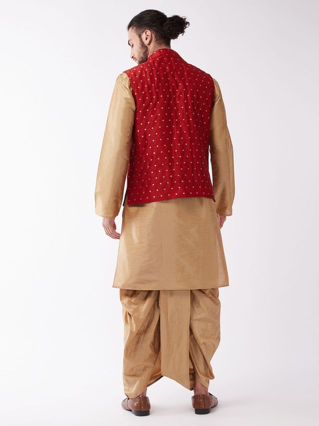 Men's Rose Gold Silk Blend Straight Jacket  Kurta and Dhoti Set