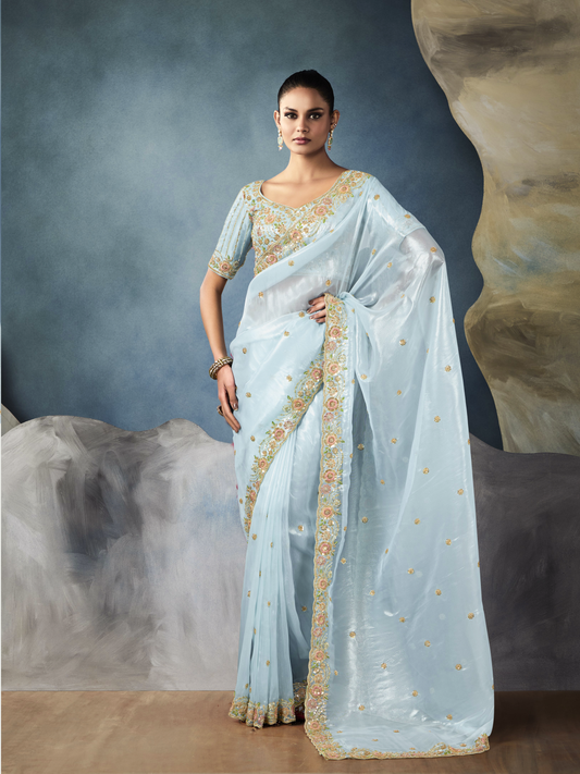 Dhiyona KM Women Sky Blue Tissue Embroidered Fancy Heavy Border Saree