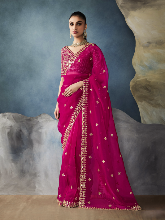 Dhiyona KM Women Pink Tissue Embroidered Fancy Heavy Border Saree