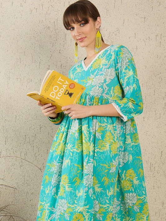 Dhiyona IE Women Printed V-Neck Cotton Top and Trousers Co-Ords