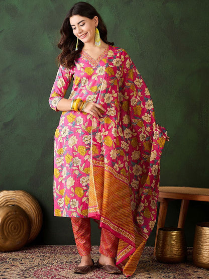 Dhiyona SN Women's Floral Printed Sequinned Pure Cotton Straight Kurta & Trouser With Dupatta