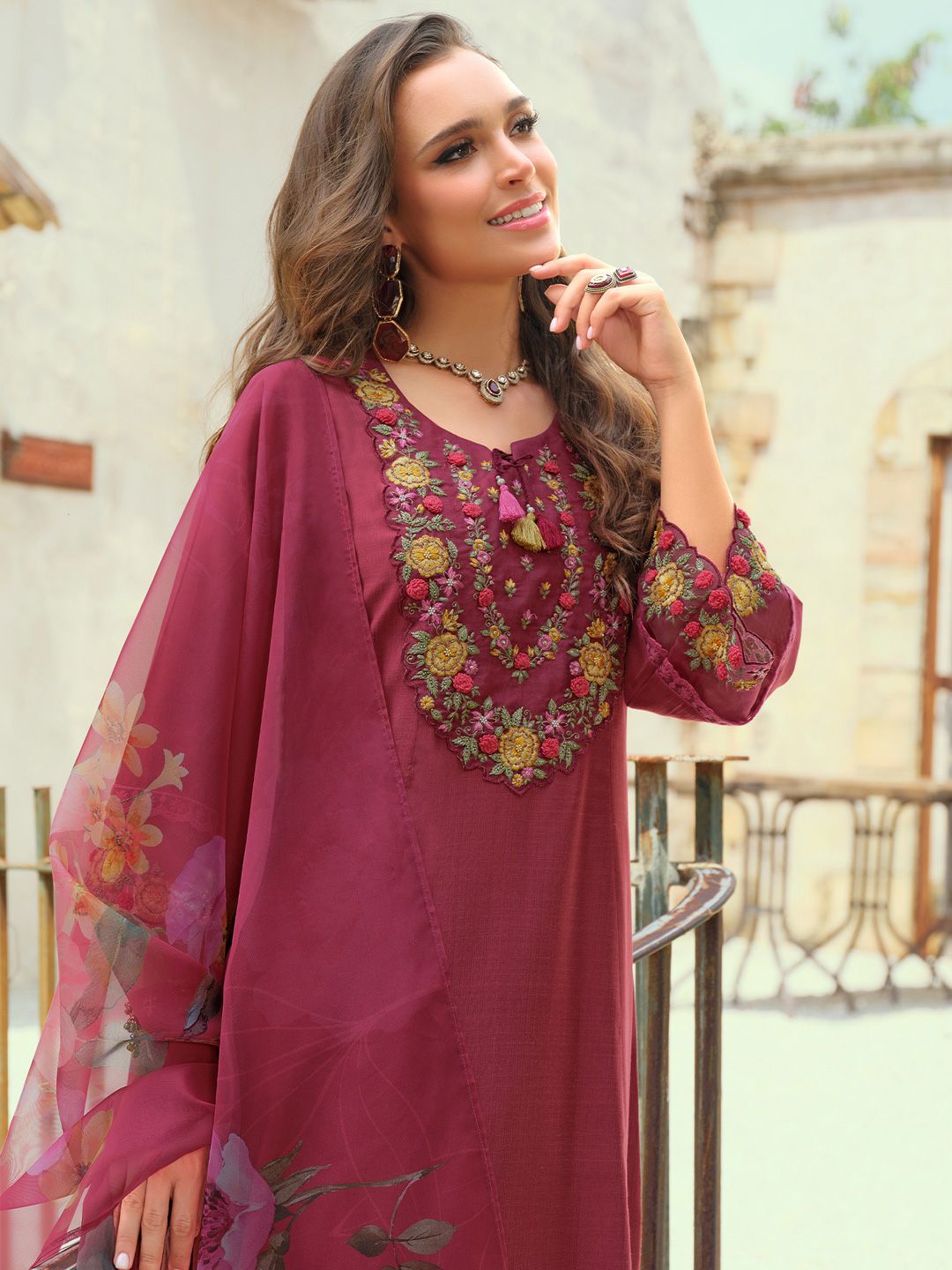 Floral Embroidered Thread Work Tieup Neck A-Line Kurta With Trousers & Dupatta