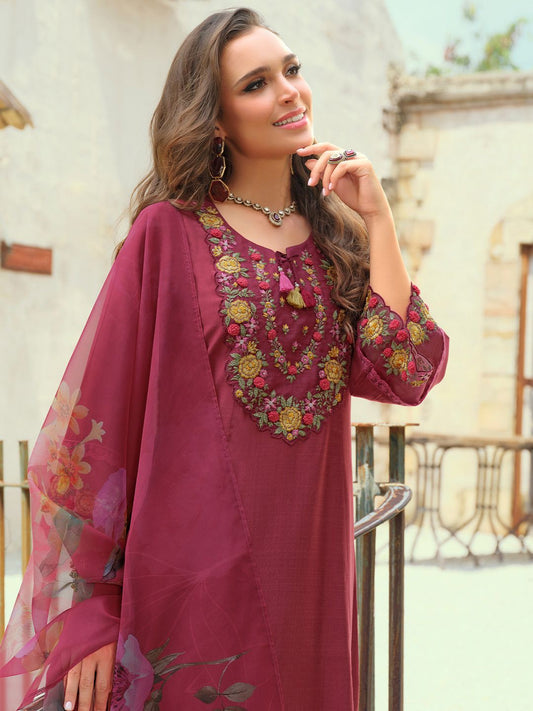 Floral Embroidered Thread Work Tieup Neck A-Line Kurta With Trousers & Dupatta