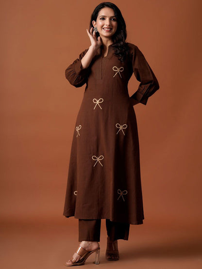 Dhiyona IE Embroidered Mandarin Collar Pure Cotton A-Line Top With Trousers