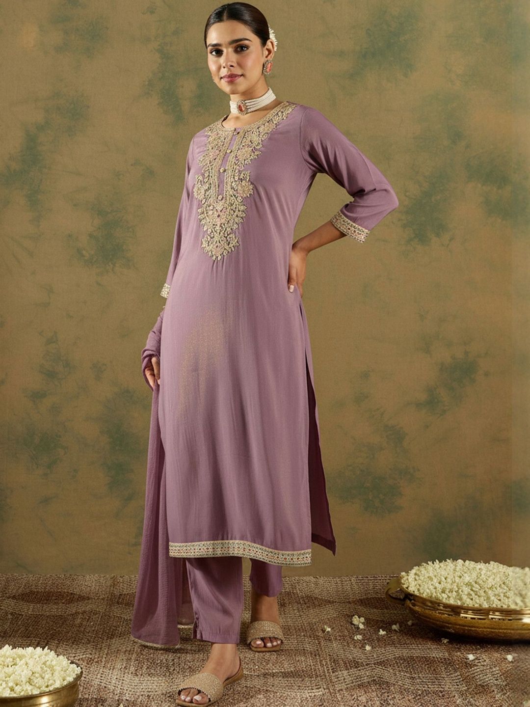 Floral Embroidered Thread Work Straight Kurta With Trouser & Dupatta