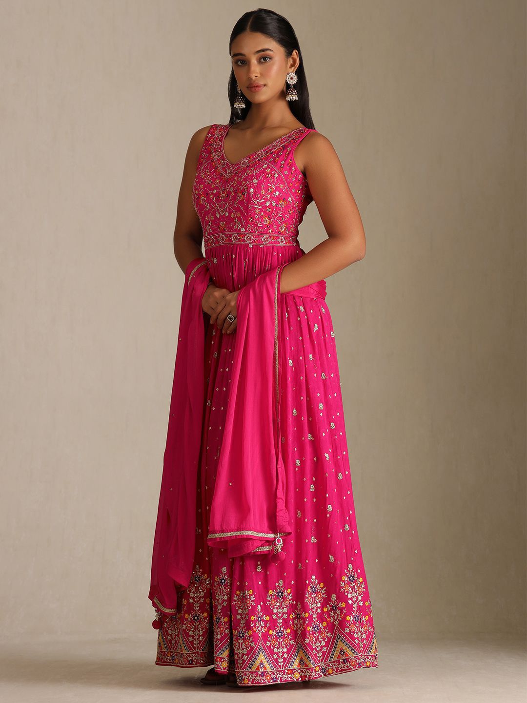 Dhiyona SO Women's Floral Embroidered V-Neck Sequinned Anarkali Kurta With Leggings & Dupatta