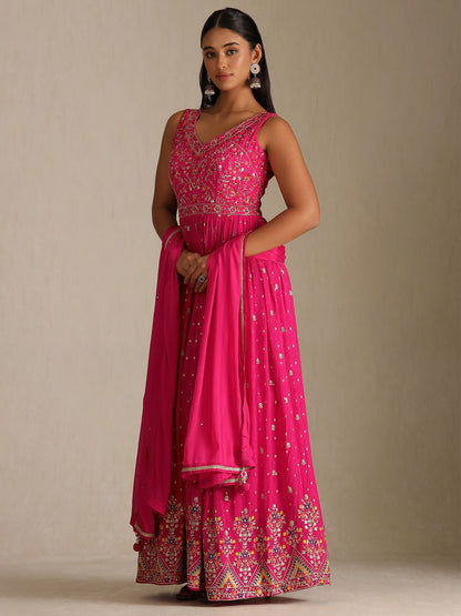 Dhiyona SO Women's Floral Embroidered V-Neck Sequinned Anarkali Kurta With Leggings & Dupatta