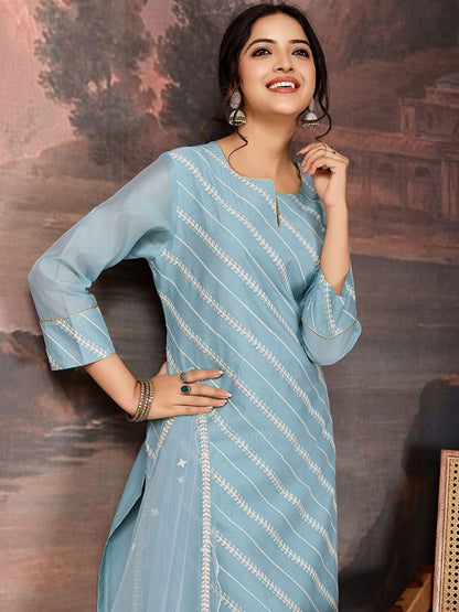 Dhiyona PD Women Sequined Embroidered Round Neck Straight Kurta & Trousers With Dupatta
