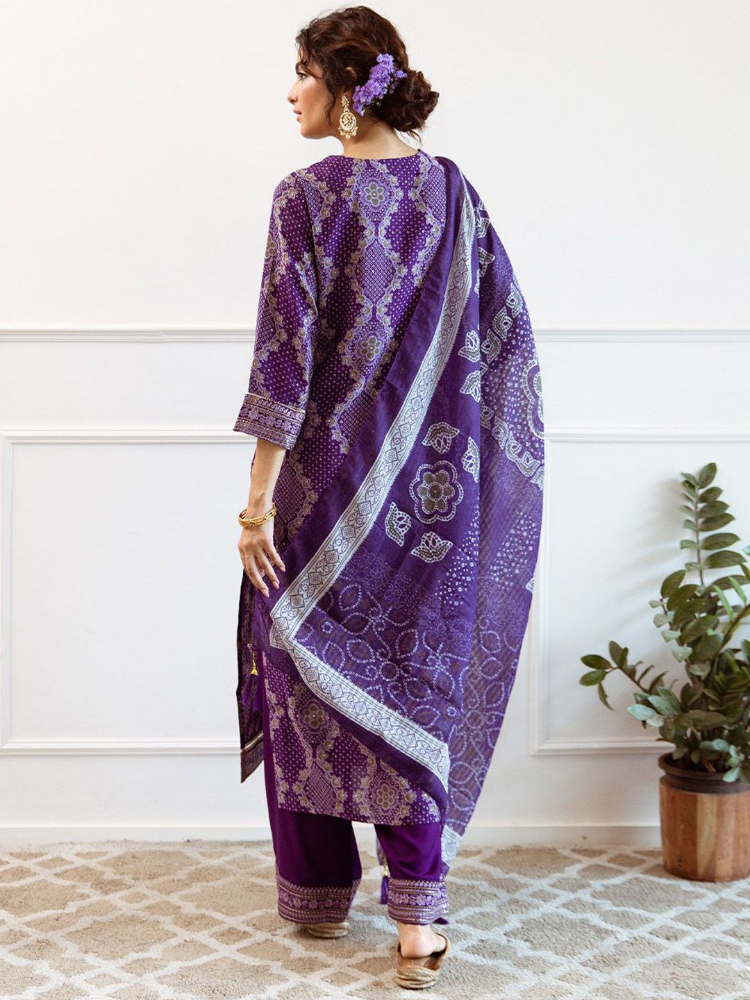 Dhiyona IS Women's Purple Bandhani Printed Round Neck Straight Kurta With Palazzos & Dupatta