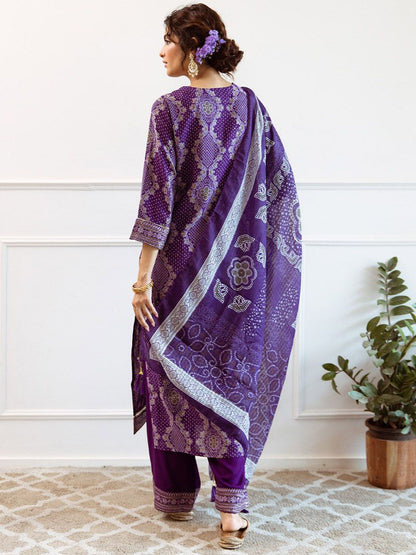 Dhiyona IS Women's Purple Bandhani Printed Round Neck Straight Kurta With Palazzos & Dupatta