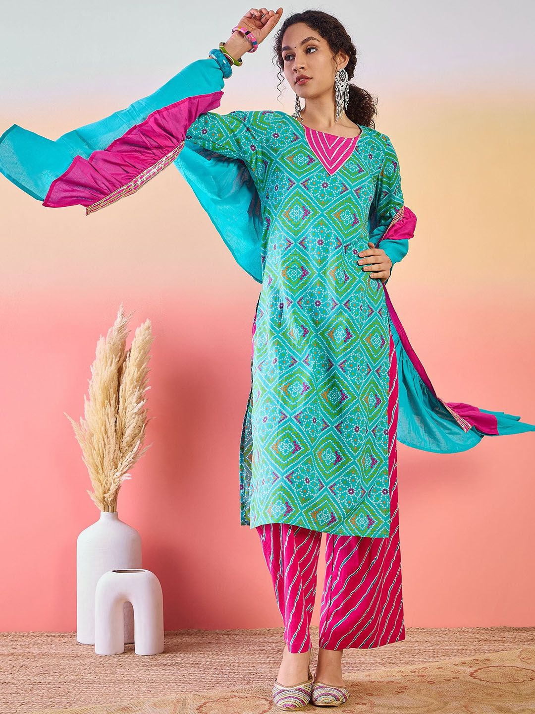 Dhiyona SN Women's Bandhani Printed Pure Cotton Round Neck Kurta With Trousers & Ruffled Dupatta
