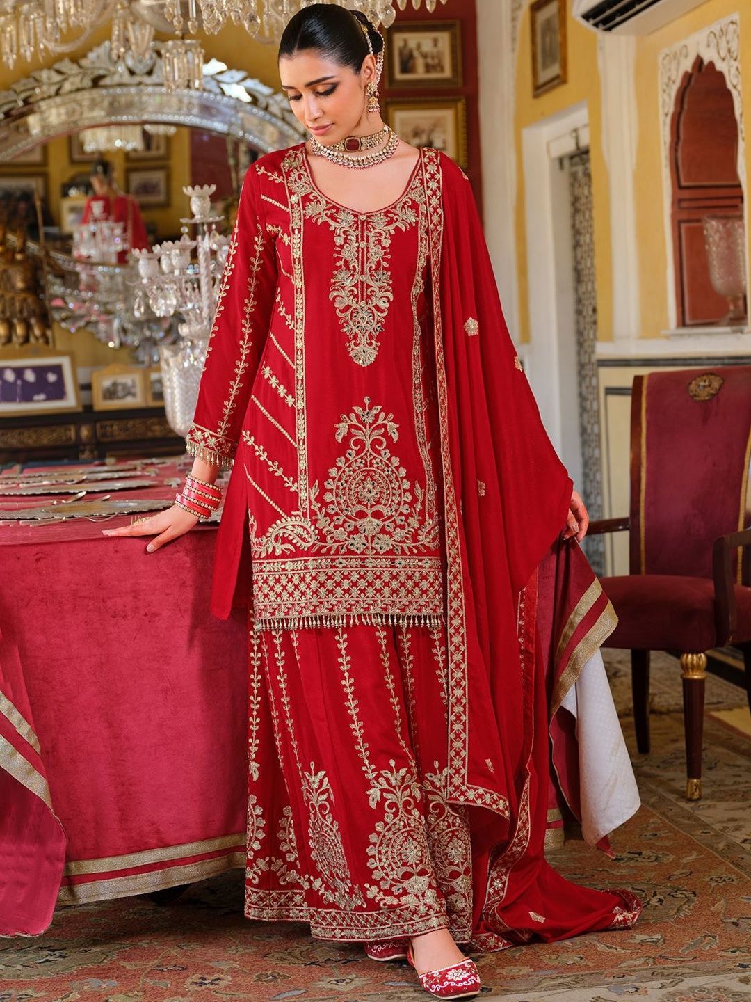 Dhiyona IE Women Ethnic Motifs Embroidered Kurta with Sharara & Dupatta