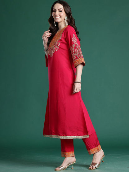 Dhiyona IE Embroidered Round Neck A-Line Top With Trousers Co-Ords Set