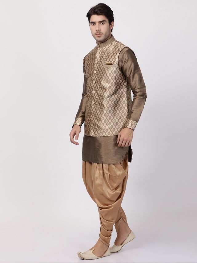 Men's Gold Silk Blend Straight Jacket  Kurta and Dhoti Set