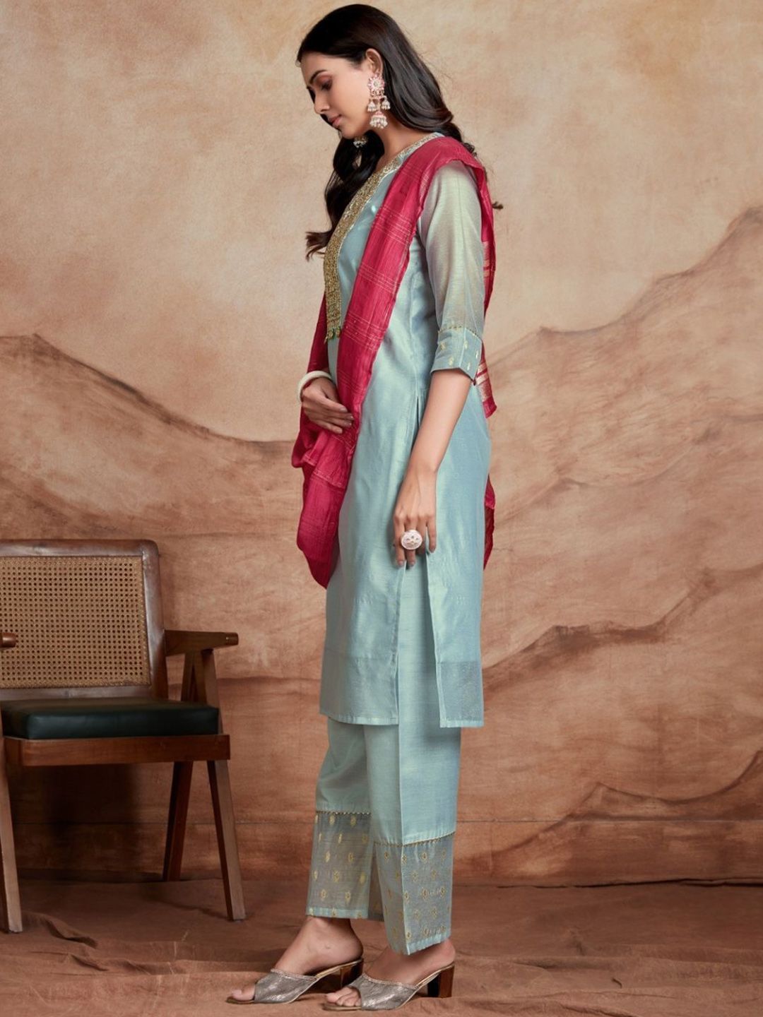 Dhiyona SN Women's Floral Embroidered Sequinned Chanderi Silk Straight Kurta & Palazzo With Dupatta