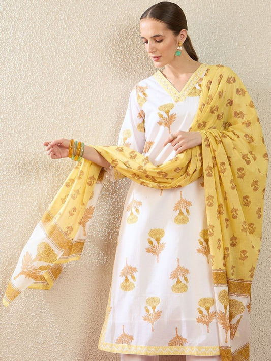 Women Floral Printed Regular Thread Work Pure Cotton Kurta with Trousers & With Dupatta