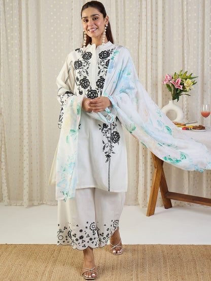 Floral Embroidered Thread Work Pure Cotton Kurta With Palazzos & Dupatta