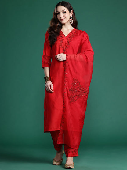 Dhiyona IE Ethnic Motifs Embroidered Sequinned Kurta with Trousers & With Dupatta
