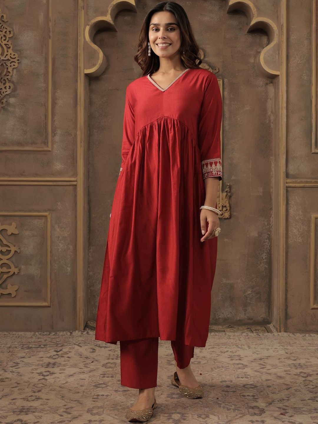 Women Solid A-Line Kurta with Trousers