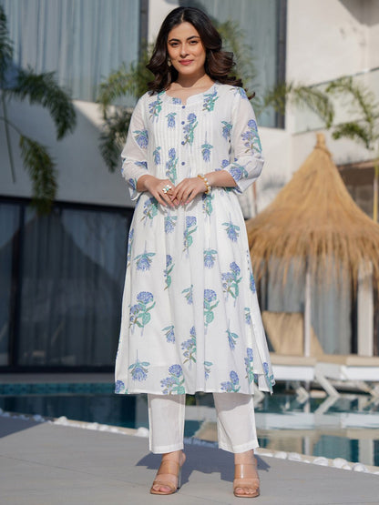 Dhiyona IE Floral Printed Round Neck Panelled A-Line Pure Cotton Kurta With Trousers