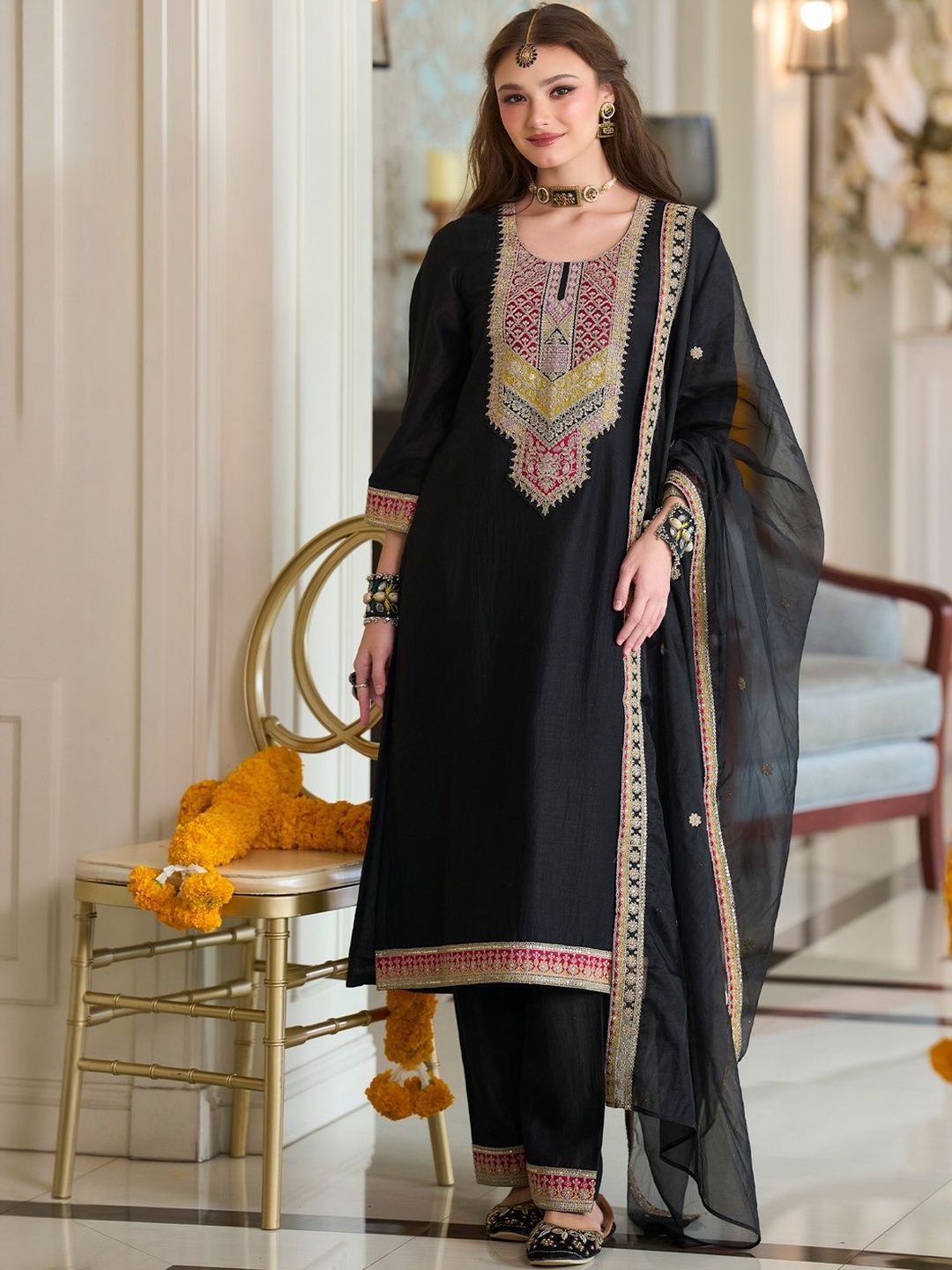 Dhiyona IE Women Ethnic Motifs Embroidered Regular Kurta & Trousers With Dupatta