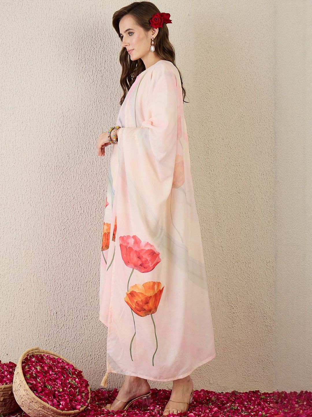 Women Floral Printed Linen Kurta with Trousers & Dupatta