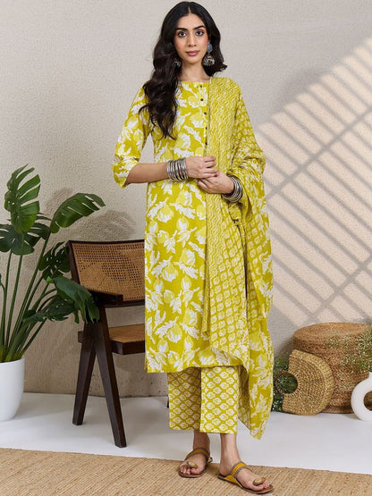 Women Floral Printed Regular Pure Cotton Kurta with Trousers & With Dupatta