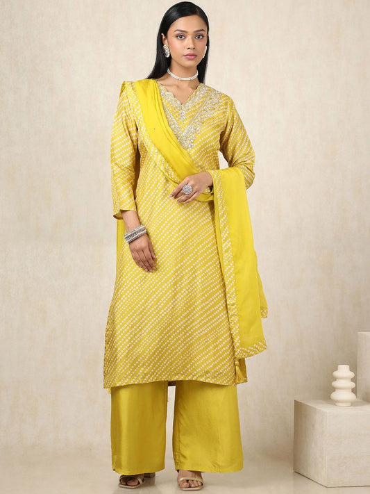 Dhiyona SO Women's Bandhani Printed Sequinned Straight Kurta With Palazzos & Dupatta
