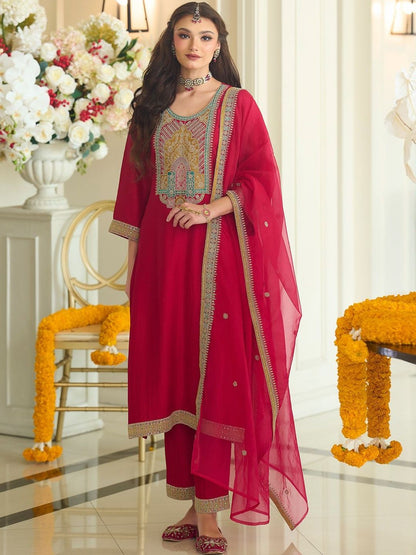 Women Ethnic Motifs Embroidered A-Line Kurta with Trousers & Dupatta