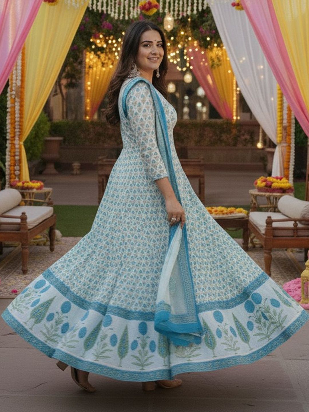 Dhiyona KL Women Ethnic Motifs Printed Panelled Kurta with Trousers & With Dupatta